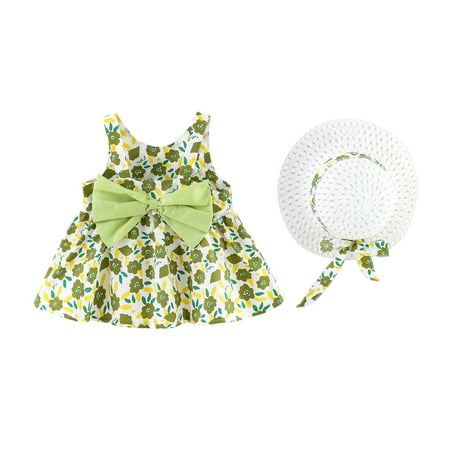 

LWZWM Dresses for Teen Girls Guest Dress Sleeveless Crew Neck Princess Bow Backless Sling Skirt Hat Green 3-4 Years