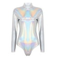 thumbnail image 5 of Aayomet Women's One Piece Shiny Metallic PVC Leather Mock Neck Long Sleeve Leotard Bodysuit (Skinny, L), 5 of 7