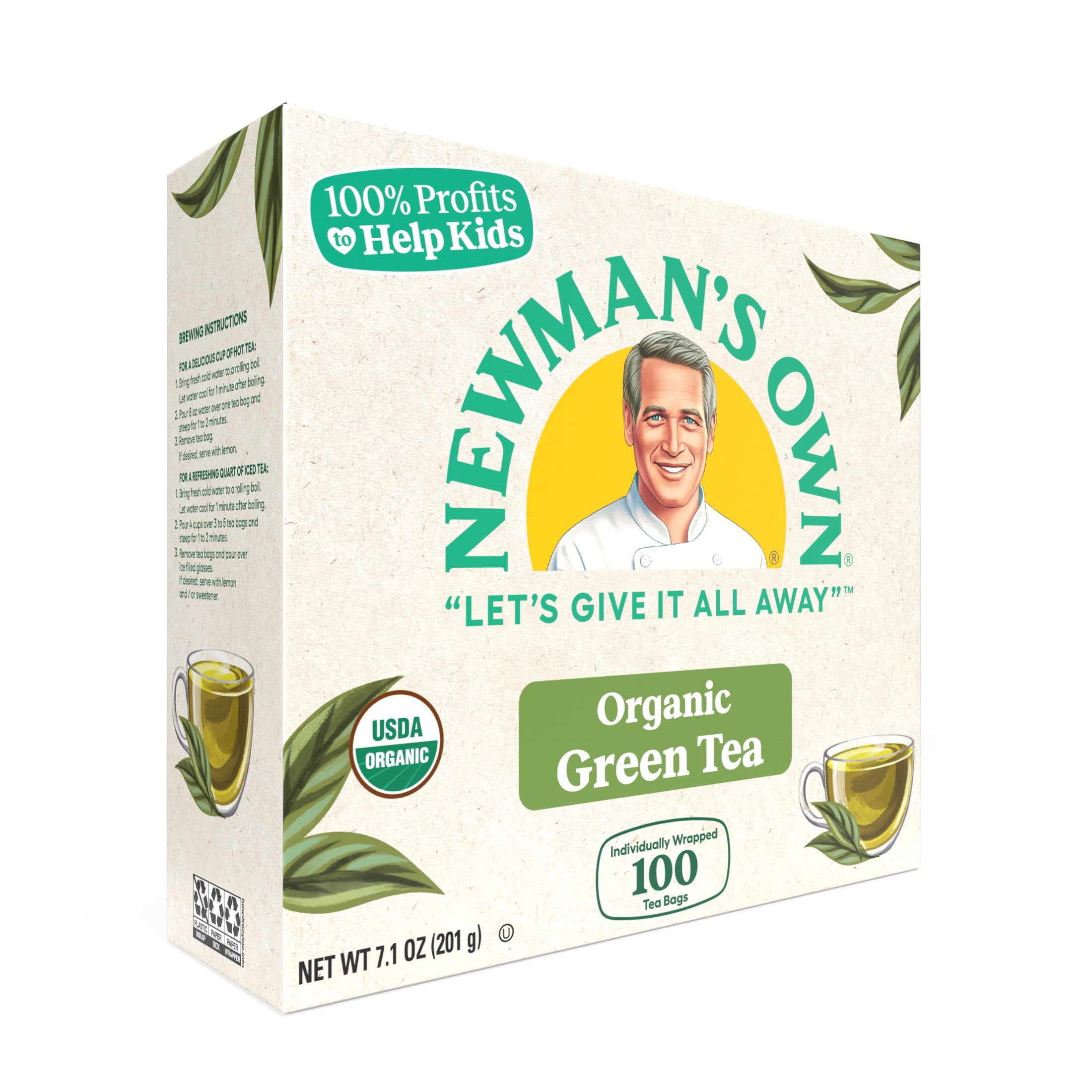 Newman's Own Organic Green Tea May Aid in Digestive Health, Green Tea with 100 Individually Wrapped Tea Bags Per Box (Pack of 2) USDA Certified Contains Caffeine Brew Hot