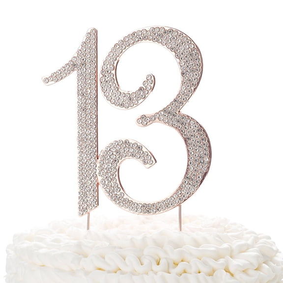 Ella Celebration 13 Cake Topper for 13th Birthday Party, Rhinestone Metal Number (Rose Gold)