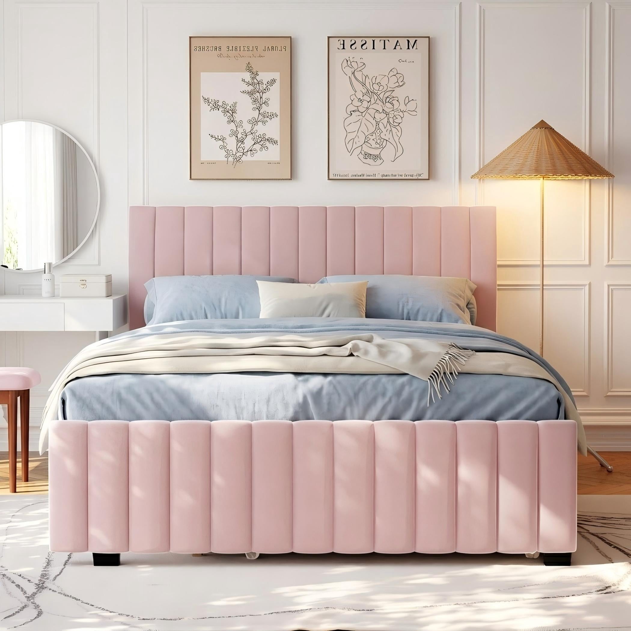 Aukfa Queen Size Upholstered Bed Frame with Twin XL Trundle, Velvet Tufted Headboard & Footboard, Pink