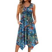 Fantaslook Floral Tank Dresses for Women Flowy Sleeveless Asymmetrical Hem Dress Beach Sundress with Pockets