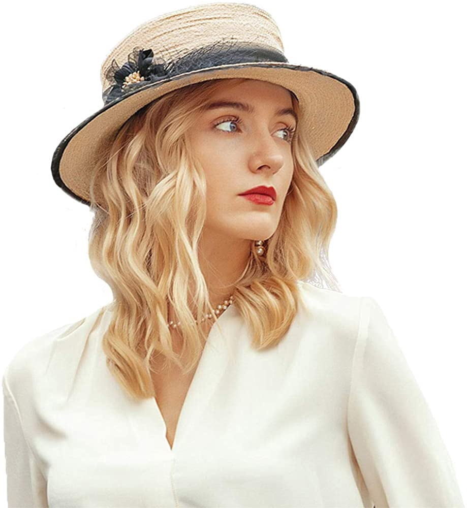 Boater Straw Hat for Women Wide Brim 