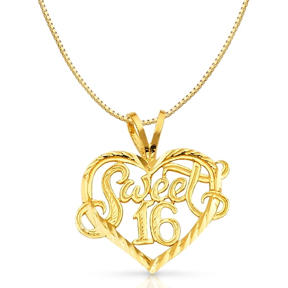 14K Yellow Gold 16 Years Heart Charm Pendant with 0.8mm Box Chain Necklace - 22"