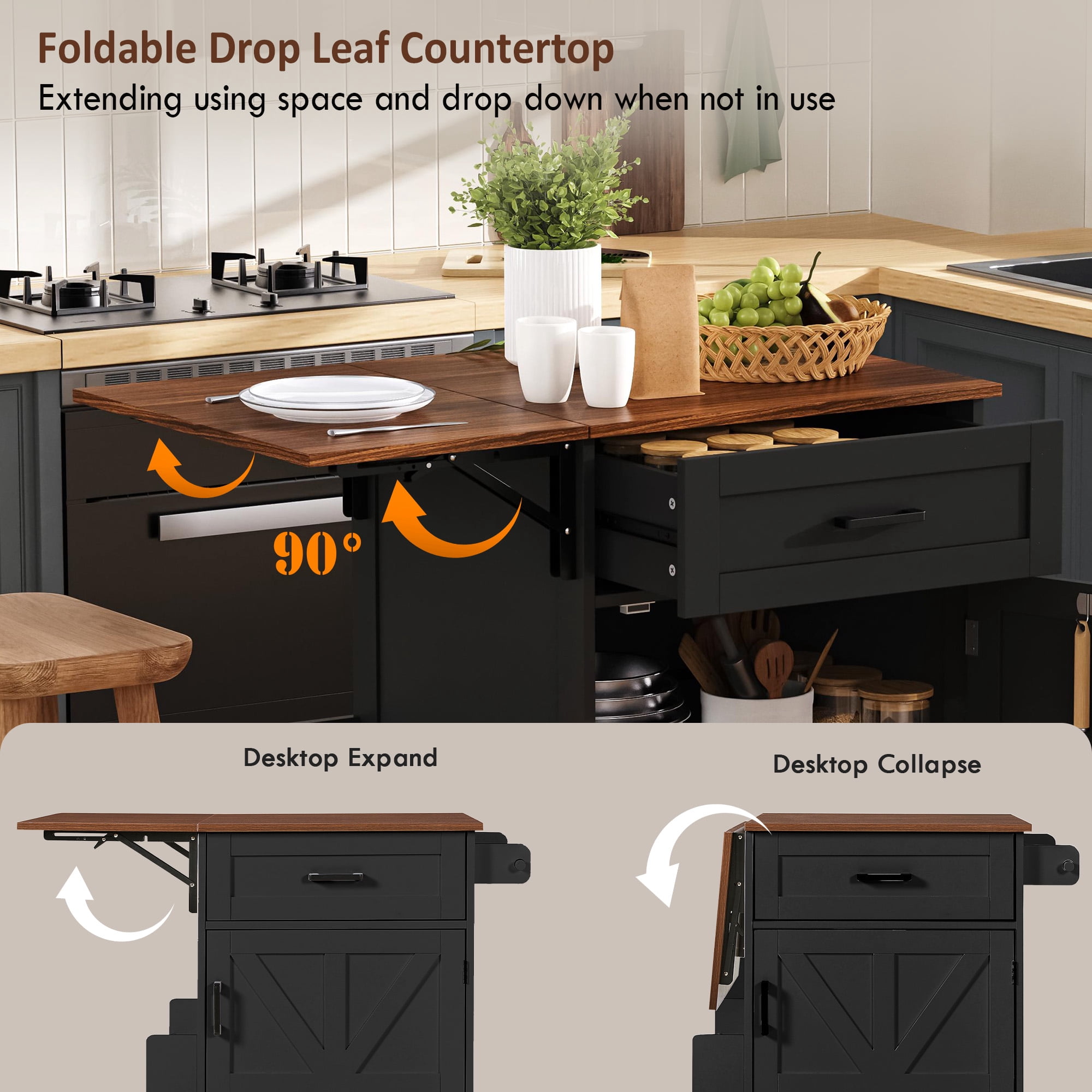 Alvantor Farmhouse Kitchen Island with Drop Leaf, 39.3" W Rolling Kitchen Cart with Side Rack for Dining Room Black