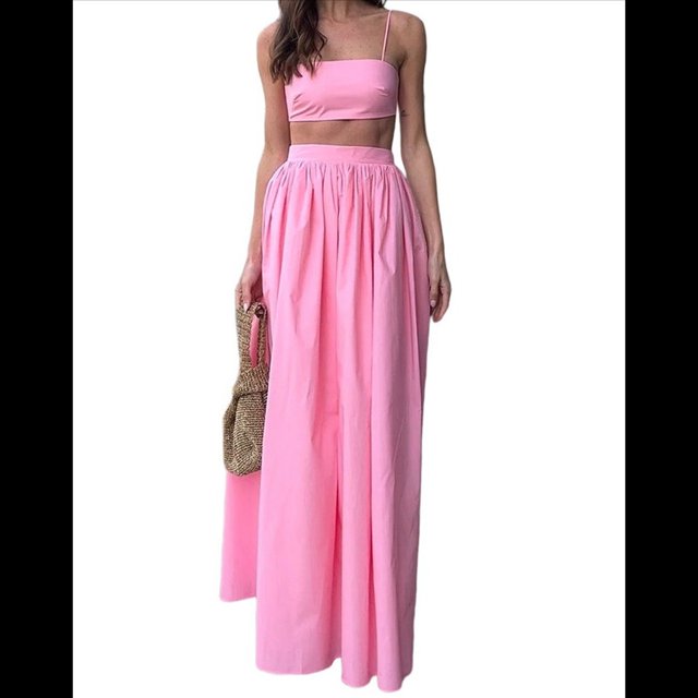 Conjunto de 2 Piezas para Mujer, Sin Mangas, con Tirantes, Corte A, Falda Maxi, Informal, Plisada, Estilo , Estilo Bohemio, con Bolsillo. Rosa M