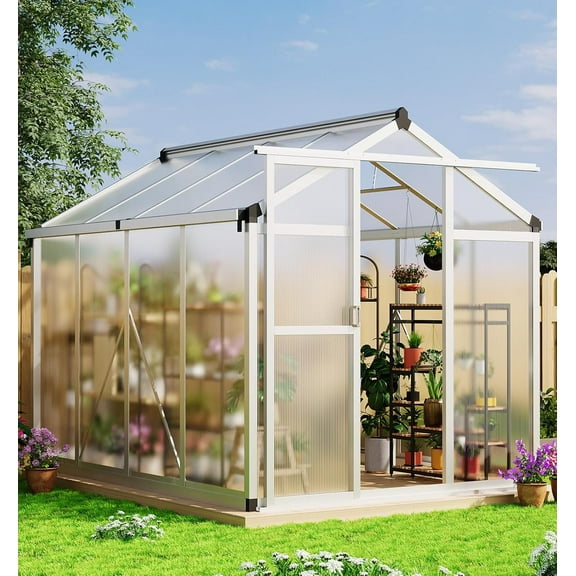 Homhougo 6x8 FT Greenhouse, Large Aluminum Greenhouses for Outdoors, Heavy Duty Polycarbonate Greenhouse with Roof Vent, Walk-in Green Houses for Winter Garden, Backyard, Patio, Lawn, Easy Assembly