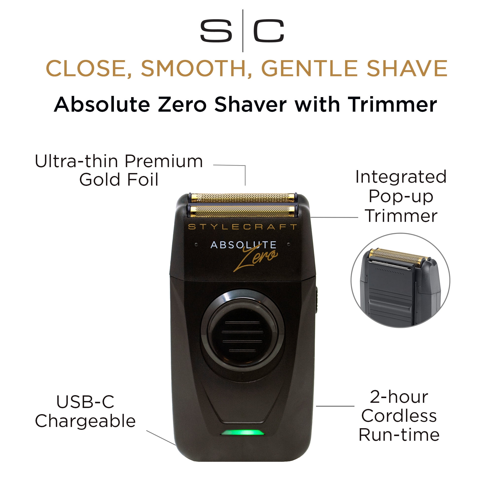 StyleCraft Absolute Zero Foil Shaver   Close, Smooth Shave with Retractable Precision Trimmer, USB-C, Cord/Cordless, Lightweight & Travel-Friendly