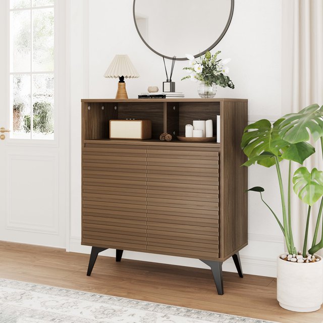 Buffet Moderne à Cannelures - Tablettes Ajustables et Rangement Spacieux - Noyer - Convient à la Salle à Manger, à la Cuisine, à l'Entrée - Lot de 2