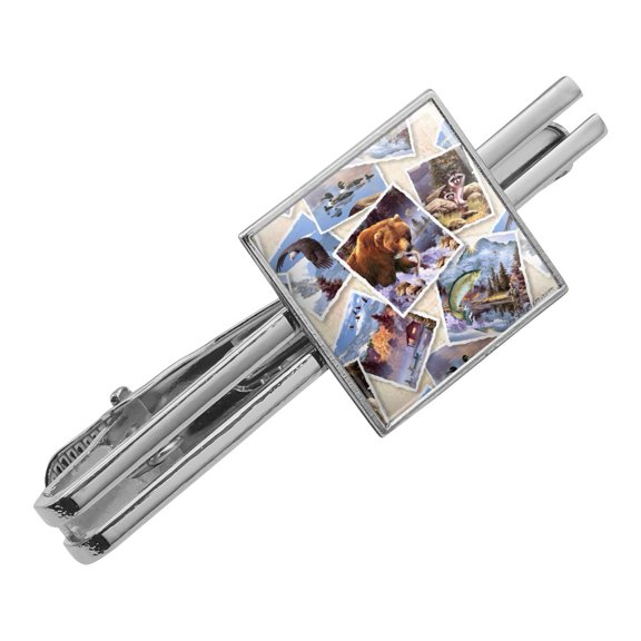 Rockies Mountain Life Fishing Bear Eagle Pattern Square Tie Bar Clip Clasp Tack- Silver or Gold