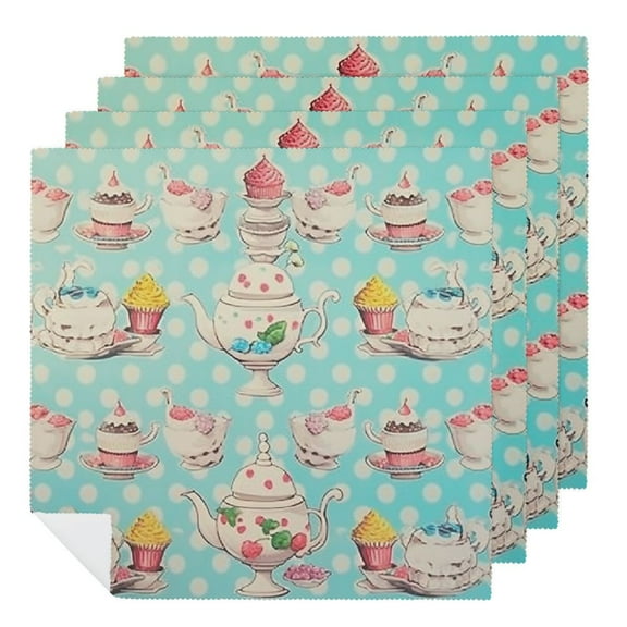 PHYHOO Luncheon Cloth Napkins Cute Dessert Tea Pot Cup Cocktail Cloth Napkins Floral Tea Time Cloth Napkins for Tea Party Birthday Table Decorations 2 PCS