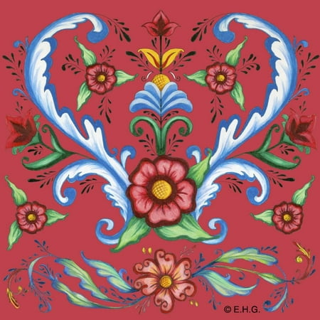 Rosemaling Design - Tile Magnet: Hearts & Rosemaling