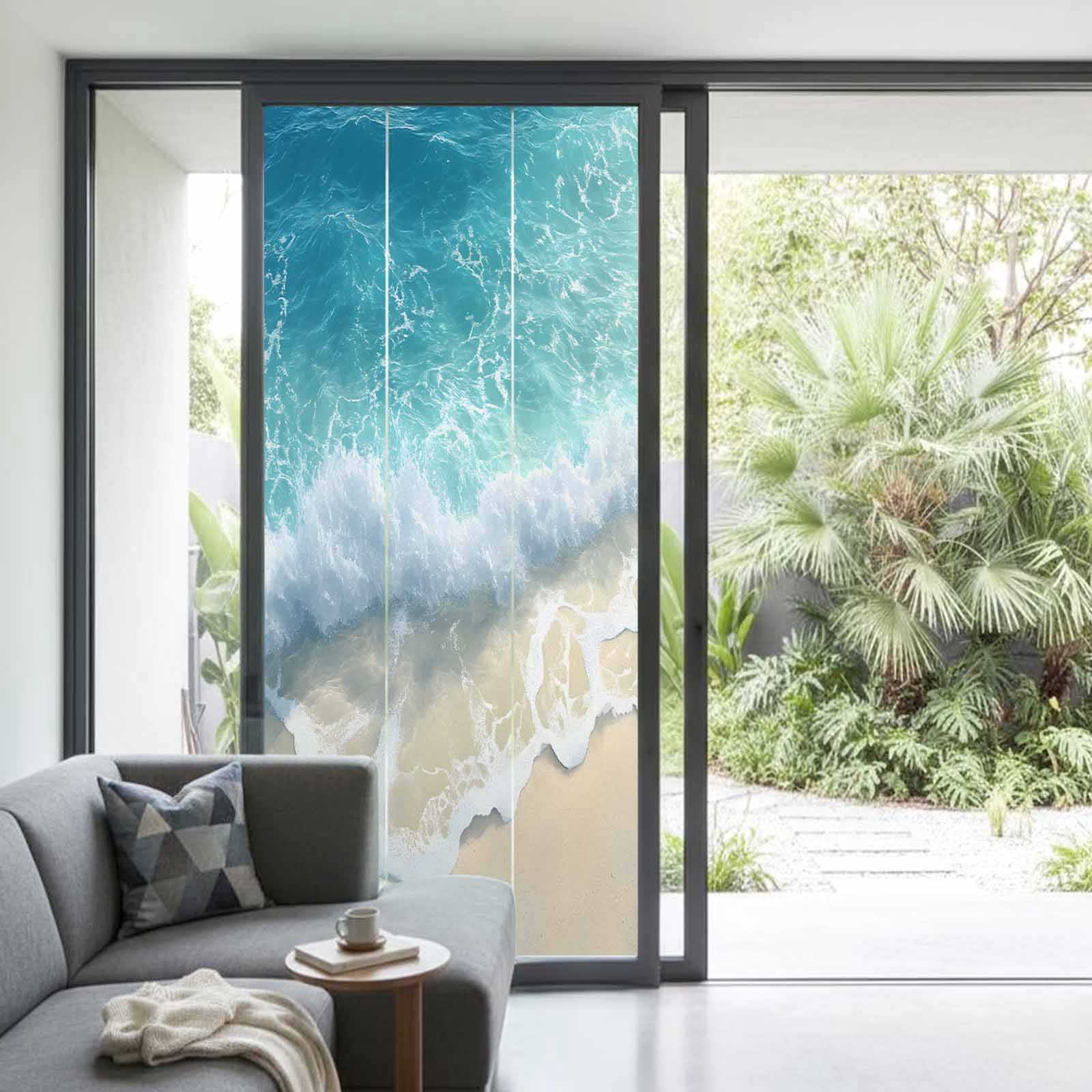 Blue Ocean Beach Waves Window Privacy Film Modern Art Decoration Decorative Glass Window Film UV Blocking Static Cling Non-Adhesive Sticker Covering for Home Door 35.4x78.7 inches