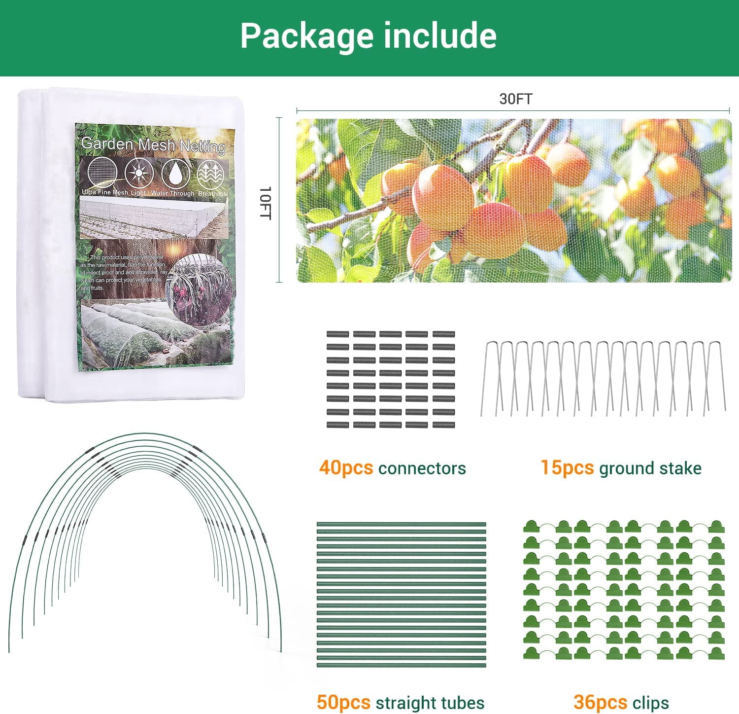 Garden Mesh Netting Kit, Mesh Netting Protection for Vegetables/Fruits/Flowers/Plants, Garden Netting Pest Barrier for Greenhouse/Garden/Raised Bed,  10ft x 33ft