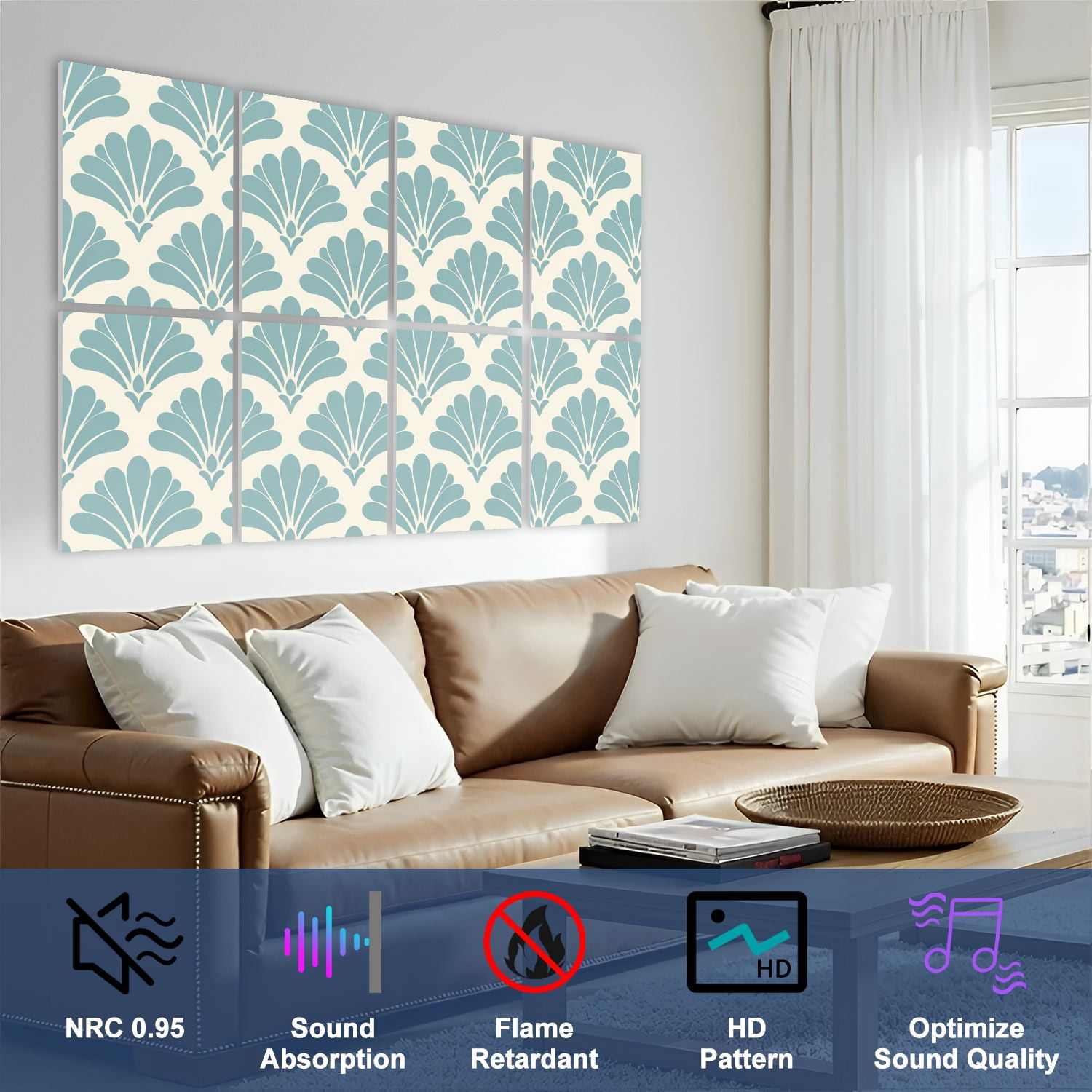 8 Pack Art Acoustic Panels Sound Absorbing Fan Shell Vintage Floral Motif Ivory Decorative Soundproof Wall Panels Self Adhesive for Nursery Game Room Bedroom 48"x32"