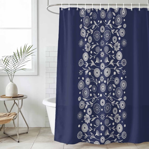 Japanese Small Stall Shower Curtain, Waterproof Shower Curtains for Bathroom, Navy Blue Country Flowers Leaves Aesthetic Washable Fabric Bath Curtain for Bathtub Decoration with Hooks 36x72 Inches