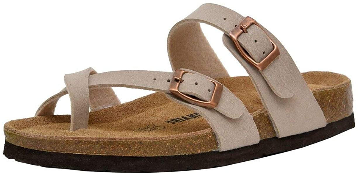 Double Buckle Slide Sandals with Comfort Arch Support mysoft Women's Cork Footbed Sandal Slip On