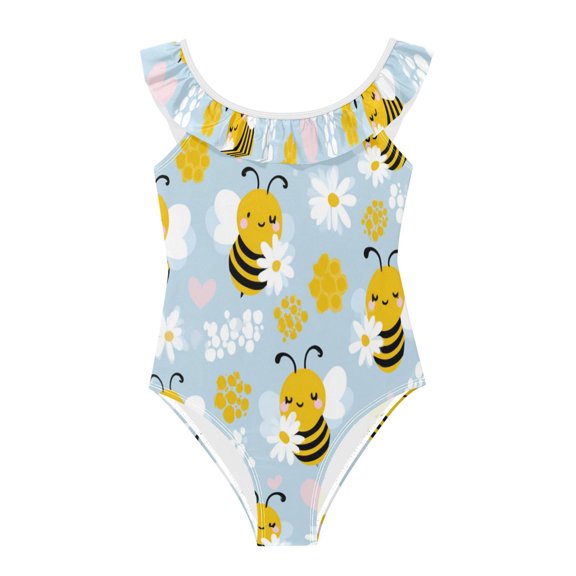 Girls Ruffled One Piece Swimsuit Summer Beach Vacation Swimwear Tank Swimsuit Honeybee