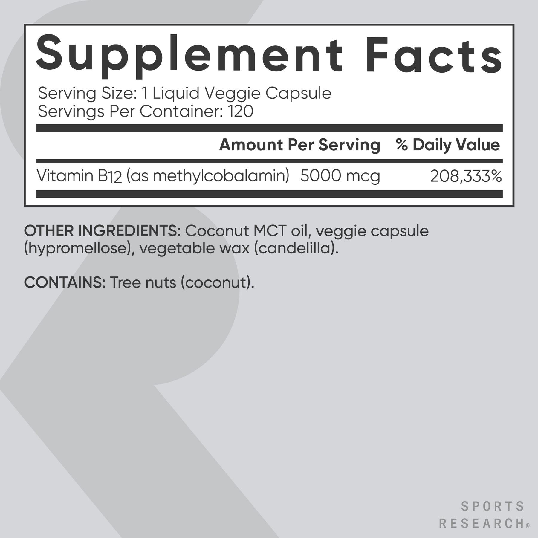 Sports Research® Vitamin B12 (Methylcobalamin) 5000mcg (High Potency) + Coconut MCT Oil for Energy Support Vegan Certified Non-GMO Gluten Free 120 ct