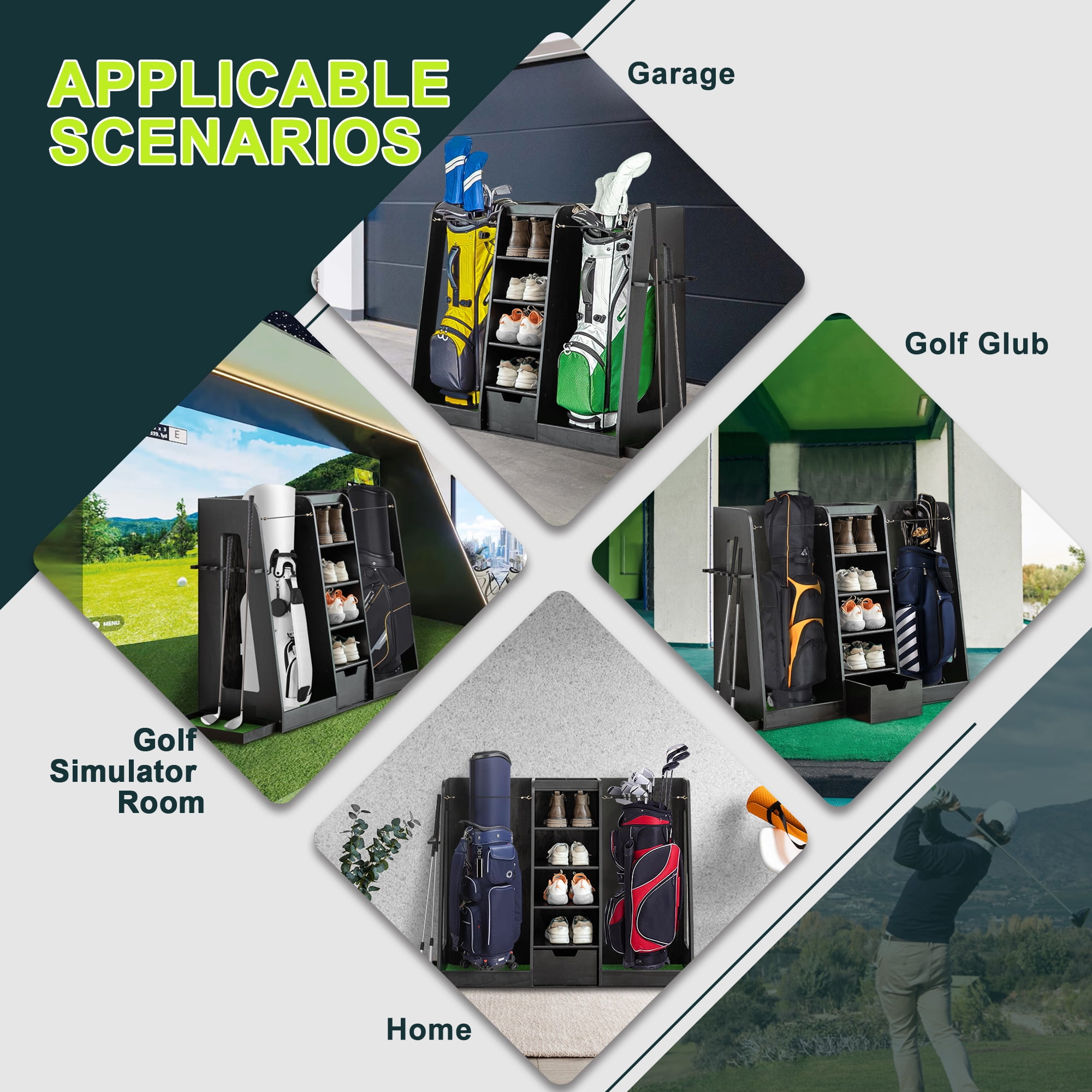 Wooden Golf Storage Rack Golf Bag Organizer with Drawers can hold 2 golf bags, 12 clubs, 4-5 pairs of golf shoes, over 50 golf balls, Versatile for Golf and Sports Equipment