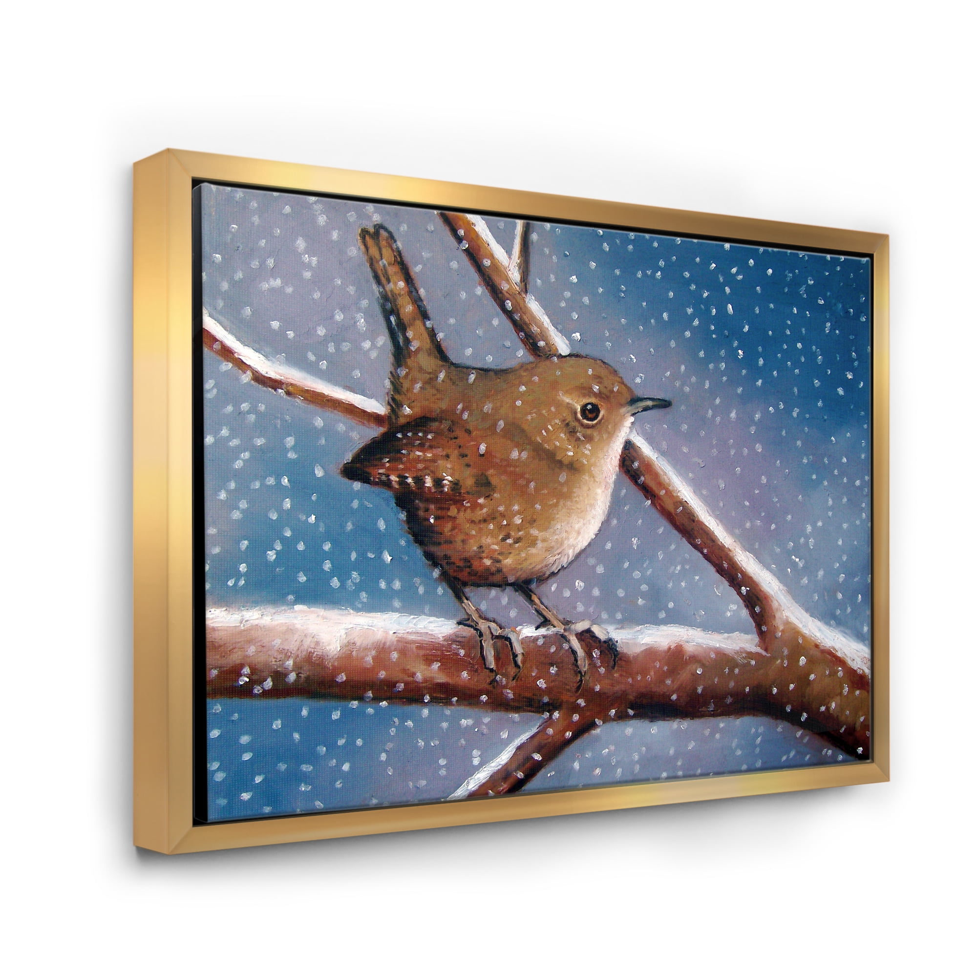 Designart 'Wren Bird On Branch In Winter' Farmhouse Framed Canvas Wall Art Print
