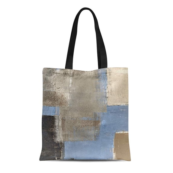 SIDONKU Canvas Bag Resuable Tote Grocery Shopping Bags Brown Painting Blue and Beige Abstract Contemporary Gallery Interior Lines Tote Bag