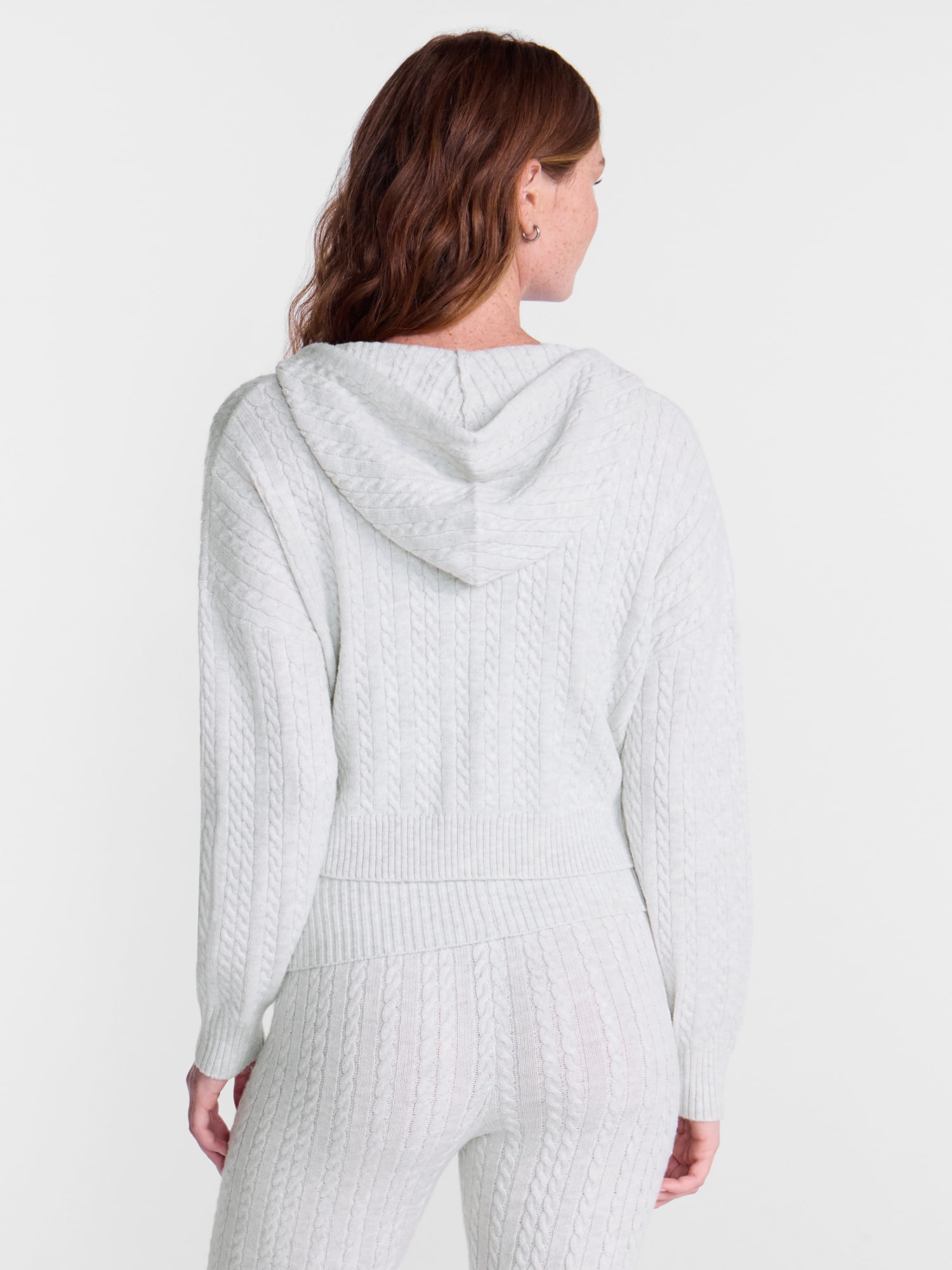 No Boundaries Cable Knit Zip Up Sweater with Hood, Women's XXS-XXL