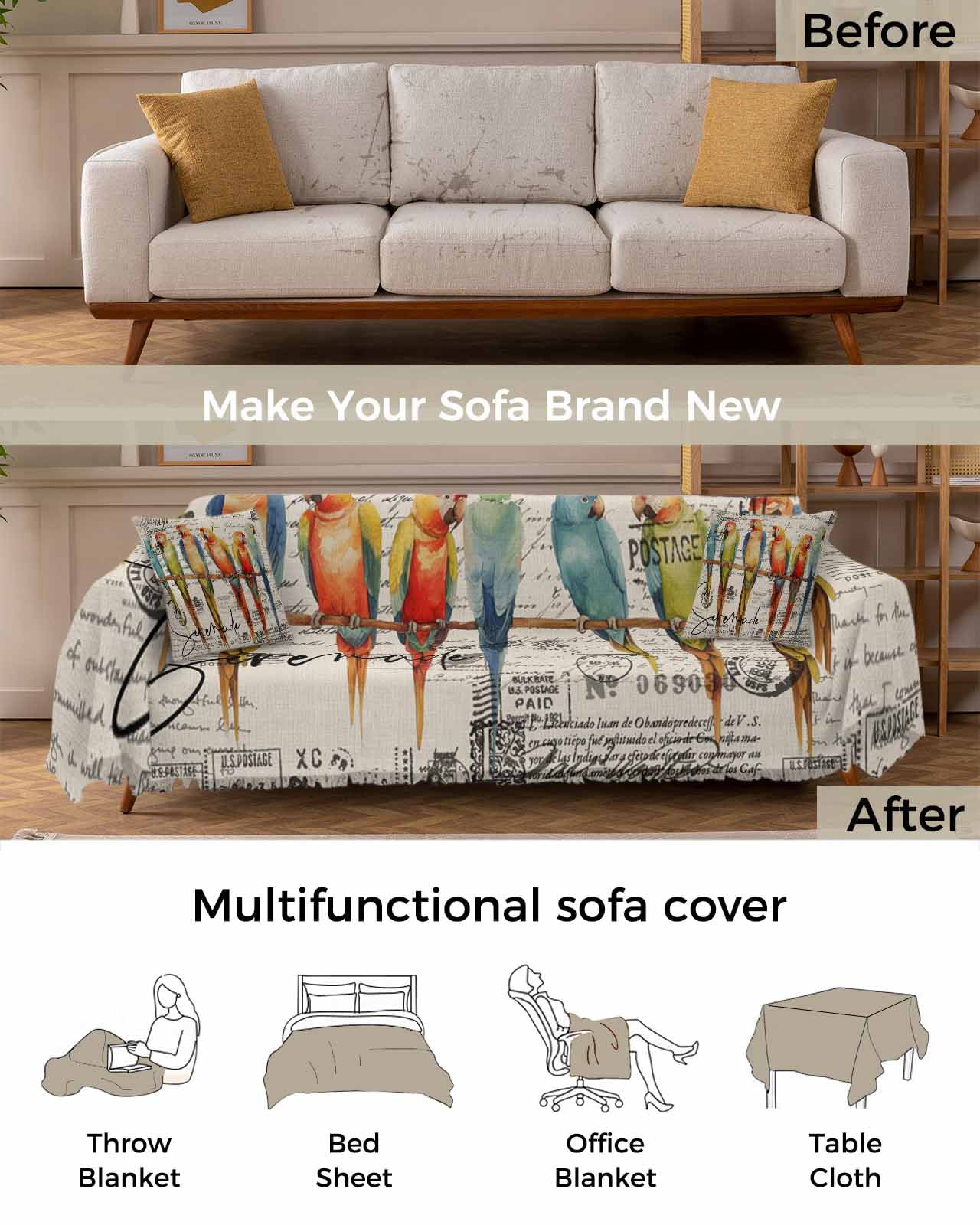 Parrots Beige Sofa Couch Covers for Dog,Washable Sofa Throw Cover Single Slipcoverfor Armchair,Vintage Colorful Tropical Animal Bird Newspaper Couch Protector Towel Blanket Medium 71x91