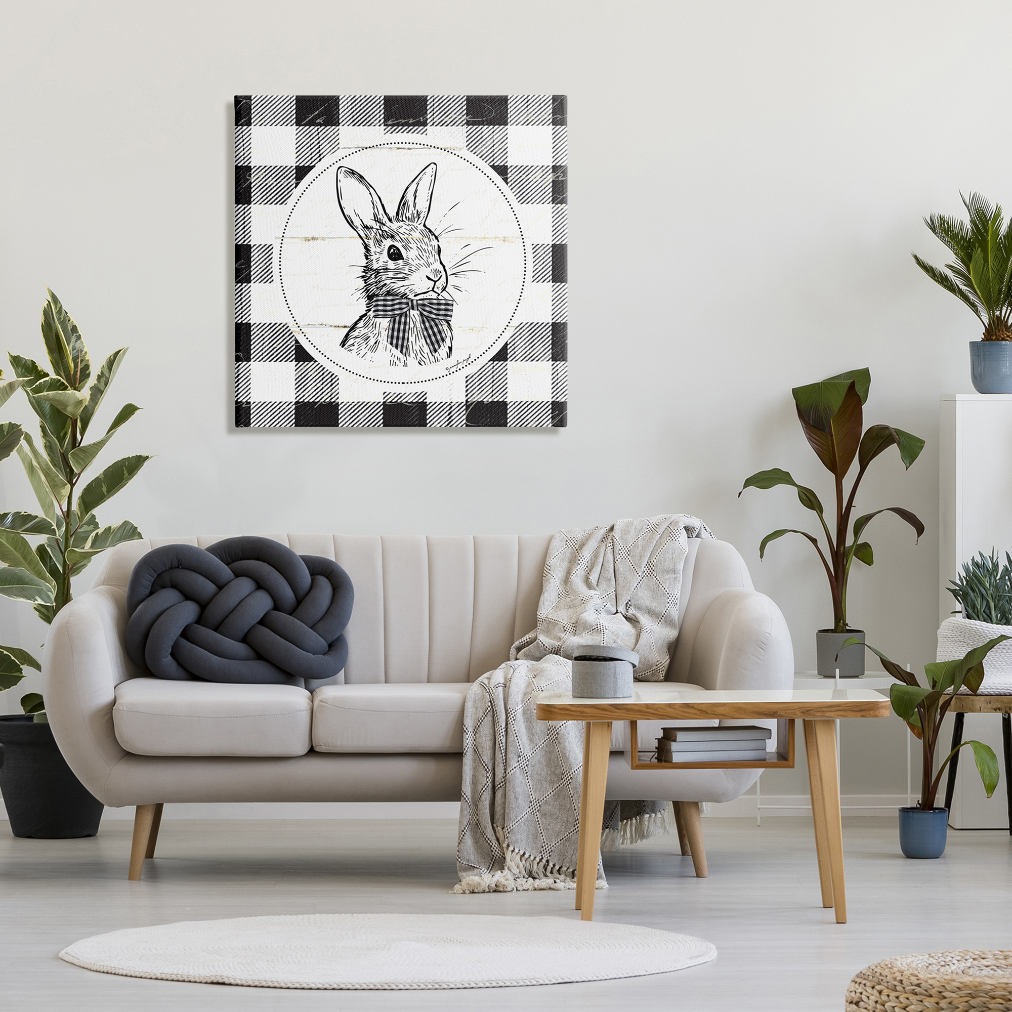 Detailed Easter Bunny Drawing Spring Plaid Border Animals & Insects Graphic Art Gallery-Wrapped Canvas Print Wall Art