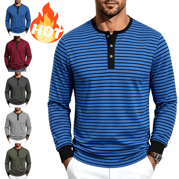 Mifsaly Mens Striped Henley Shirt Long Sleeve Button Neck Pullover with Contrast Collar Cuffs Casual Everyday Spring Fall Layering Weekend Outfits