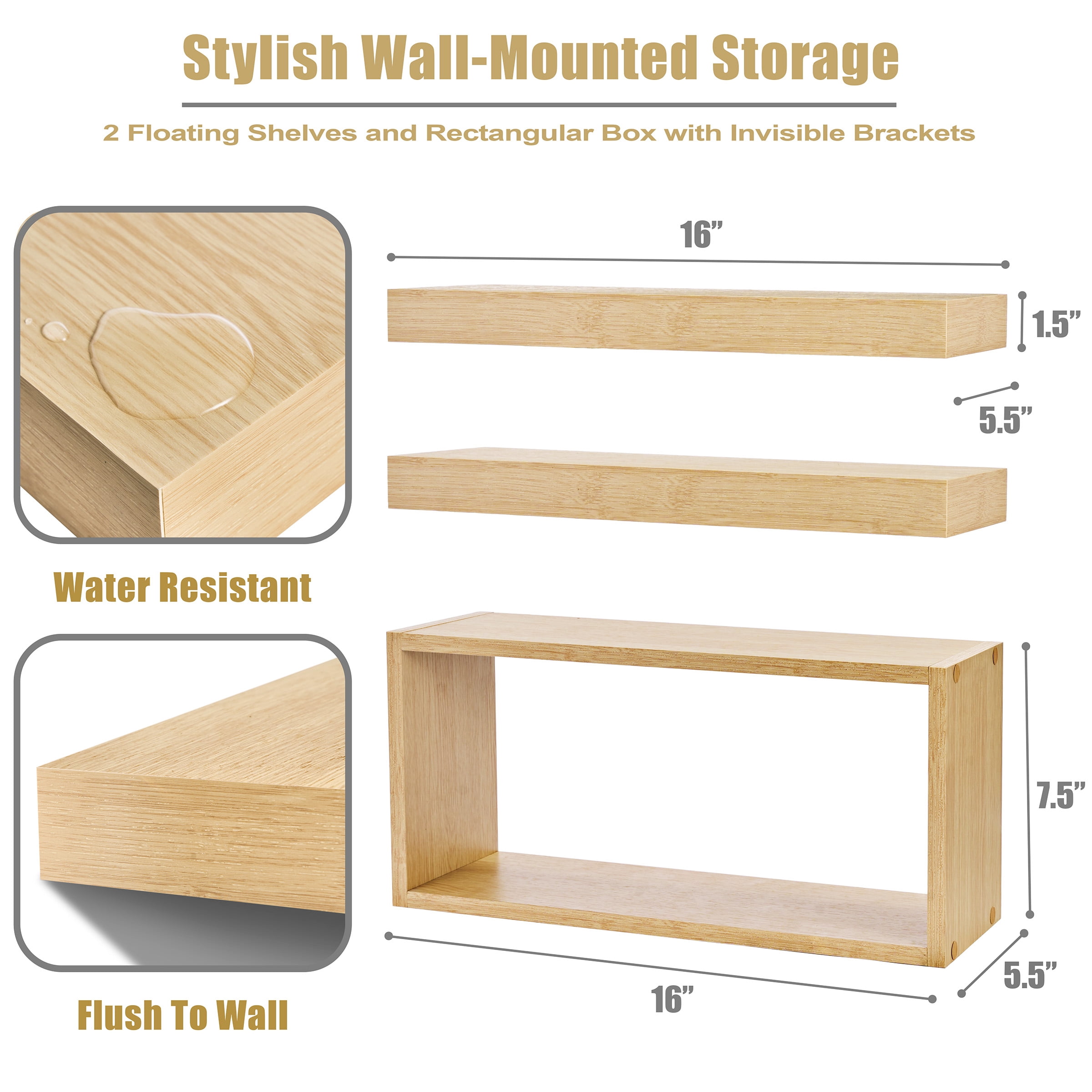 Sorbus Floating Shelves for Wall Set of 3 - Bathroom Shelves for Wall Storage, Over Toilet, Bedroom, Farmhouse, Wall Decor - 2 Floating Shelves with Invisible Brackets & 1 Rectangular Box