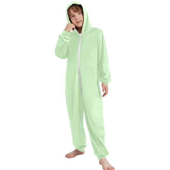 JOOGOO Solid Light Green Pattern Unisex Onesie Pajamas Jumpsuit Kids One-Piece Hooded Sleepwear 7-8T