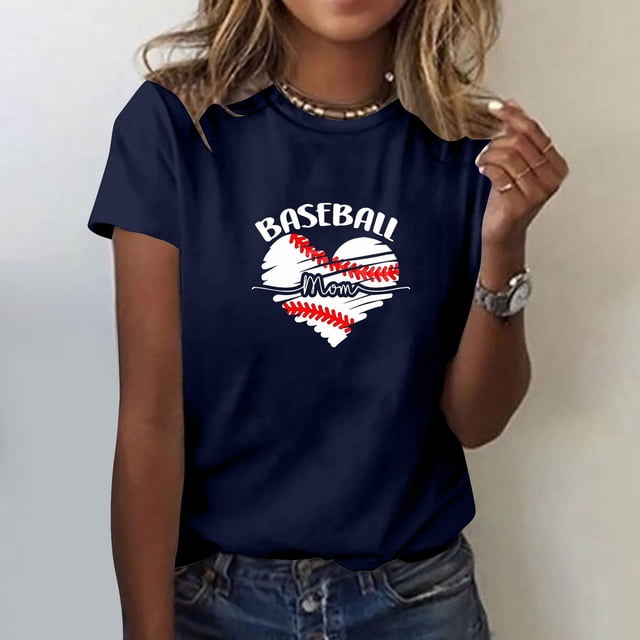 Meichang T-Shirts de Maman de Baseball T-Shirts pour Femmes T-Shirts Graphiques Amour de Maman de Baseball T-Shirts d'Été à Manches Courtes Col Rond T-Shirts Décontractés Amples Hauts Bleu Foncé L