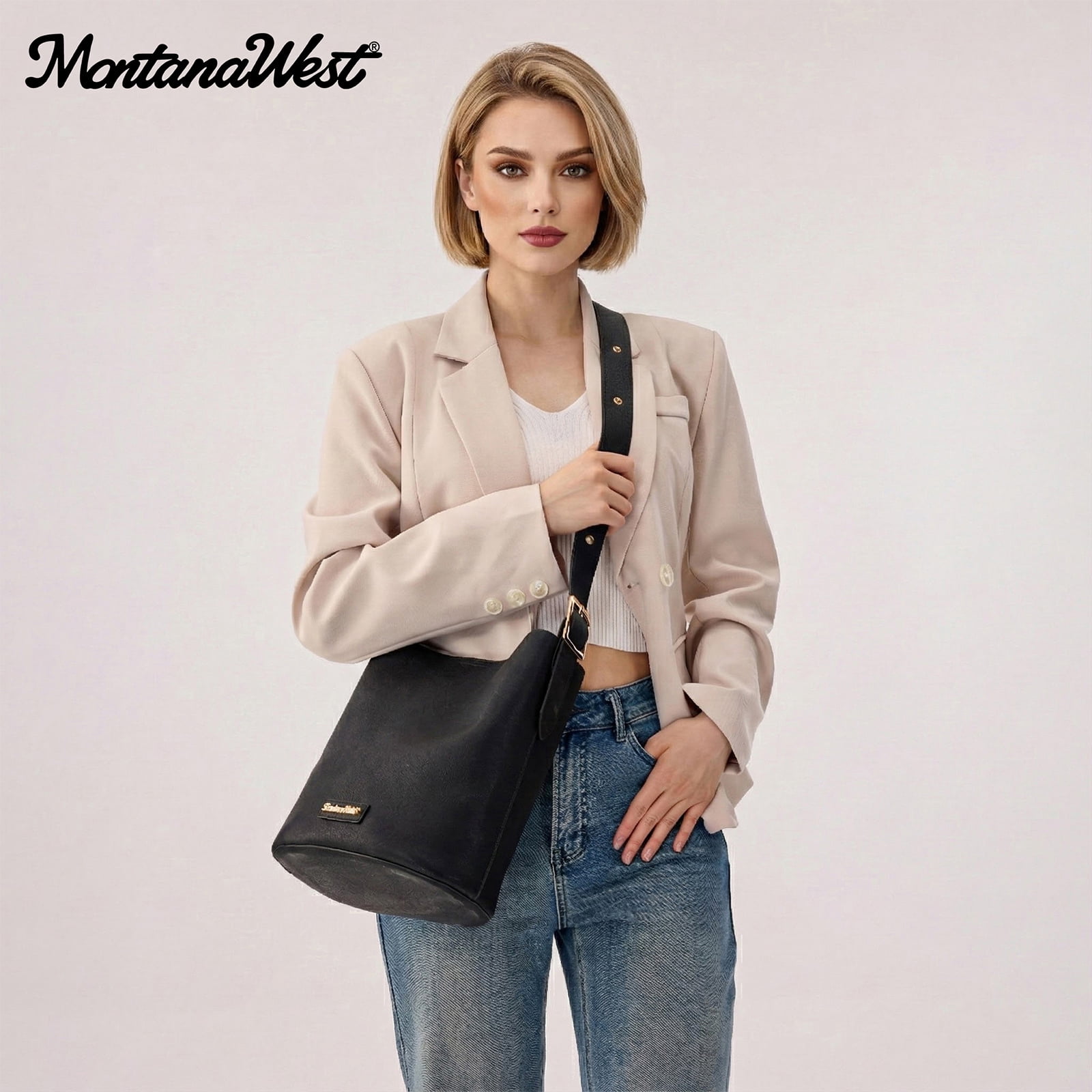 Montana West Medium Hobo Shoulder Bag for Women, 2PCS Slouchy Crossbody Purse with Zipper Pouch, Casual Bucket Handbag, Black