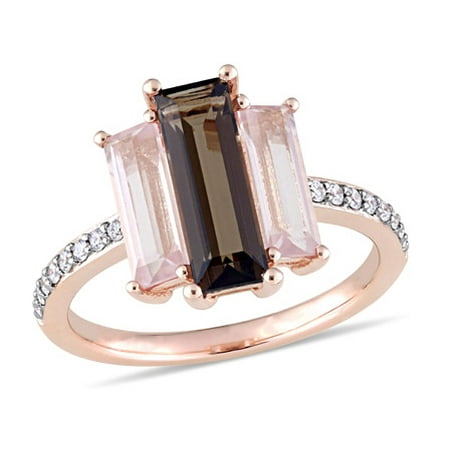 Tangelo 3 Carat T.G.W Smokey Quartz, Rose Quartz and 1/7 Carat T.W. Diamond 14kt Rose Gold Three-Stone Ring