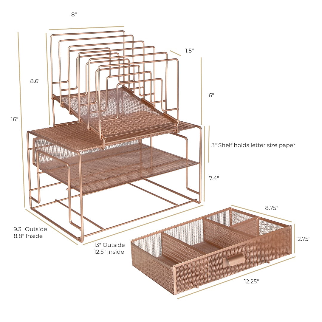Blu Monaco Workspace Rose Gold Desk Organizer and Accessories Desktop Rack with File sorters and Drawer for Office Supplies, Paper, Device and Folder