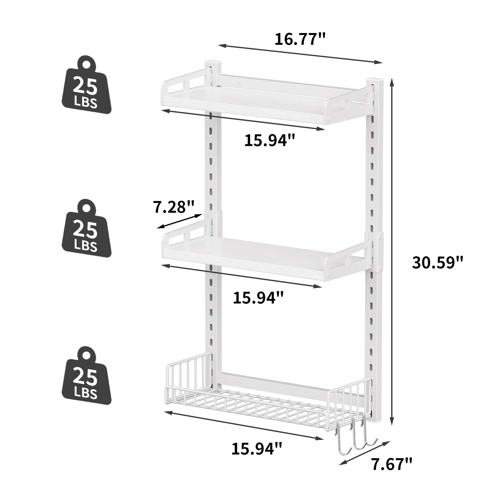 Biemlerfn 3-Tier Wall Mounted Storage Organizer Shelf, Space-Saving & Height-Adjustable Over The Toilet Storage Rack for Bathroom, Kitchen, Living Room, White