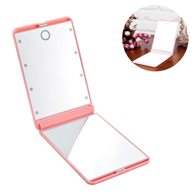 Espejo cosmético con luces LED, espejo de maquillaje plegable con aumento y sensor táctil regulable para mujer, portátil