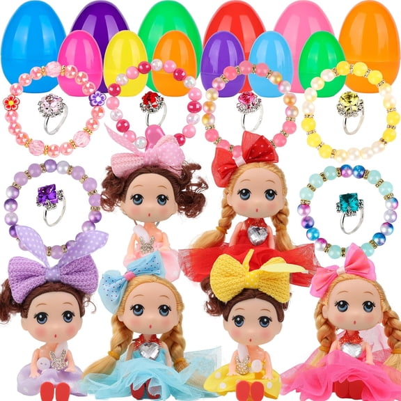 12 Pack Prefilled Easter Eggs With Dolls And Bracelets, Easter Basket Stuffers And Party Favors For Kids And Toddler Girls
