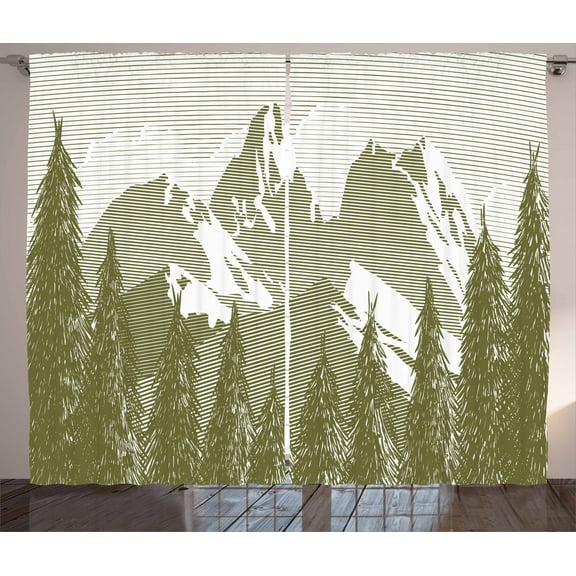 Ambesonne Nature Curtains 2 Panel Set, Woodcut Style Mountain Land, 108" x 63", Army Green and White