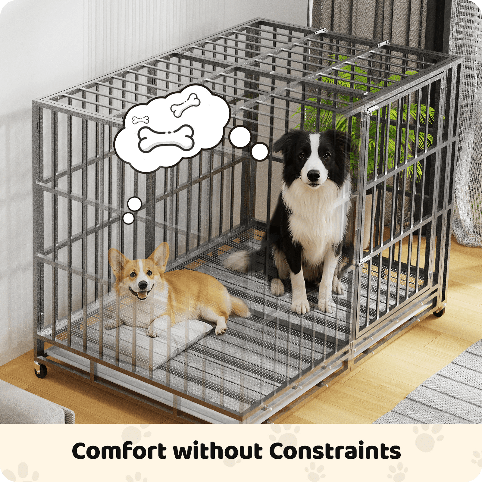 TIME RAY 60" Heavy Duty Indestructible High Anxiety Dog Crate Cage for Large Dog with Steel Escape Proof,Double Doors ,Lockable Wheels and Removable Tray