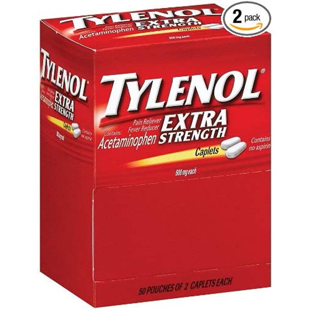 2 PACK Tylenol Extra Strength Caplets, 100 Count, 500mg each Walmart