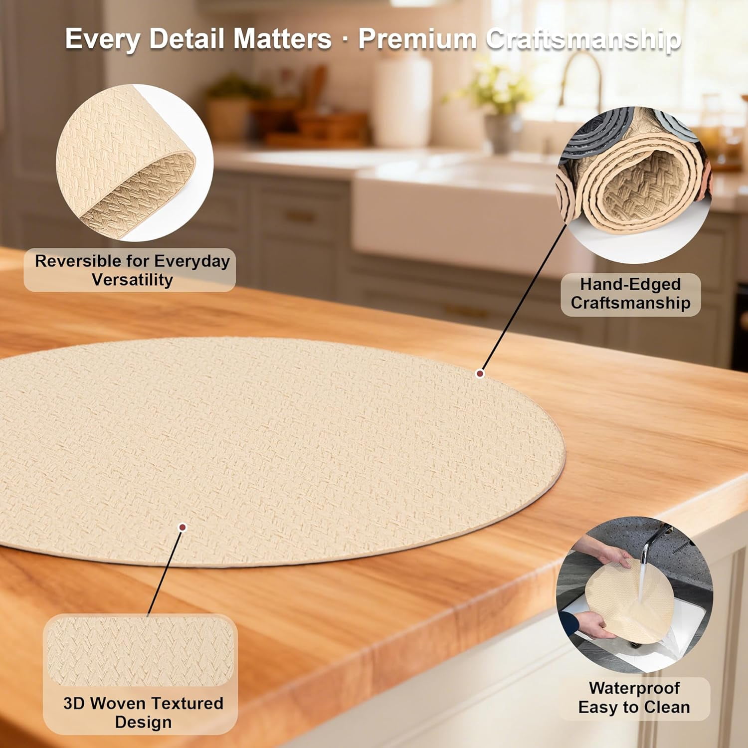 PROMATTOO Round Vinyl Woven Embossed Placemats Set of 6,Faux Leather Waterproof Dining Mat,Golden Beige