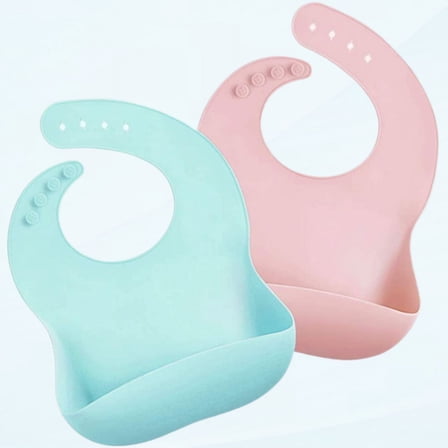 2 Pack Silicone Baby Bib Waterproof Babies Feeding Bib Adjustable Rubber Baby Bibs with Food Catcher Pocket for Toddlers Easily Wipe Clean Green & Pink