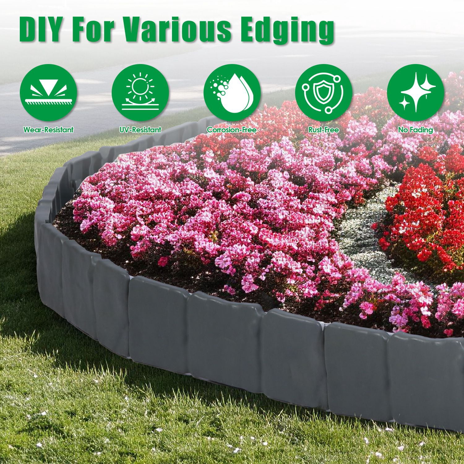 Imountek 16FT Flexible Non-Dig Plastic Landscape Border, 20Pcs Faux Cobbled Stone Garden Edging with Spikes, Shovel and Gloves