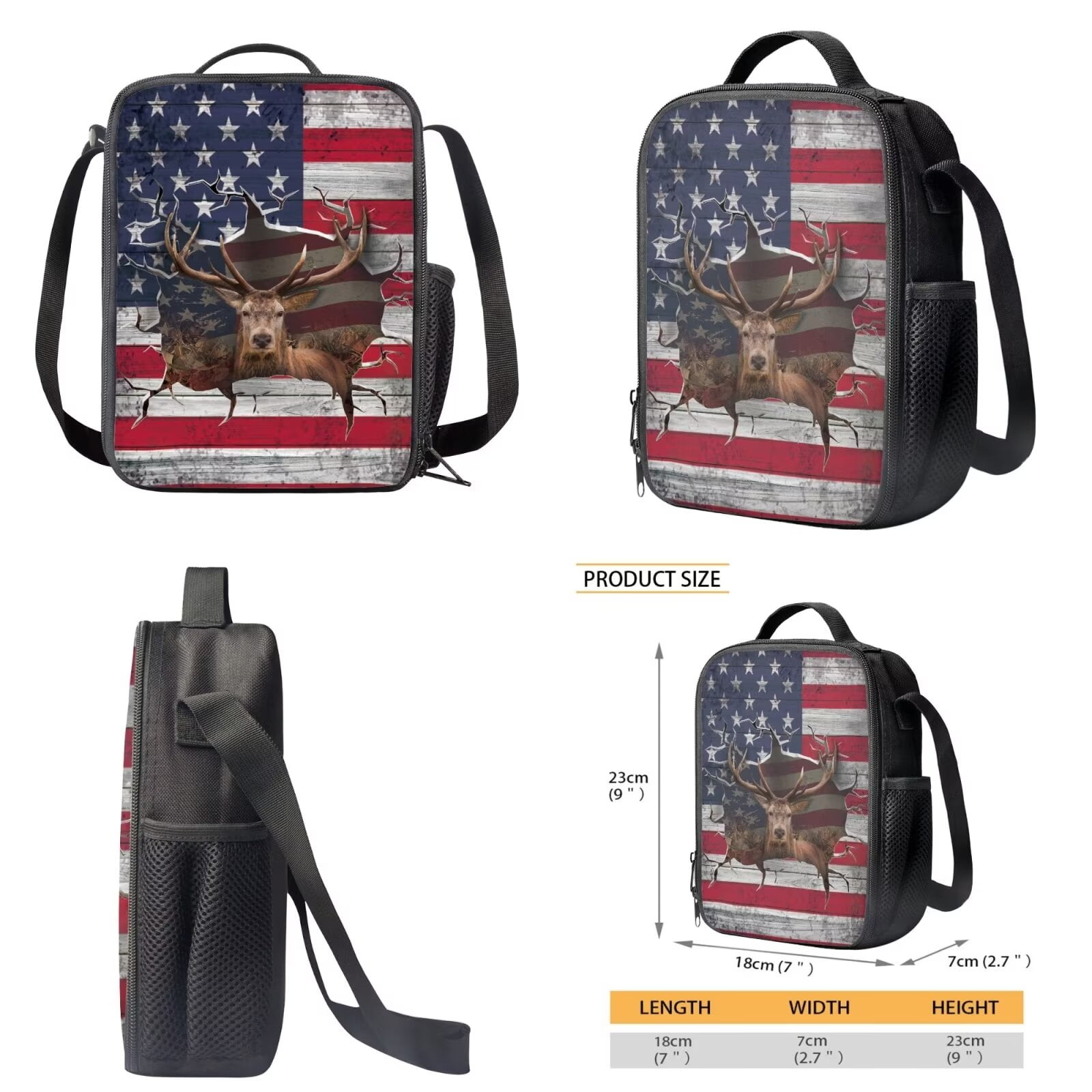 XYZCANDO 3D USA Flag Elk Print Backpack Set for Student, 3 Pack School Book Bag with Lunch Bag and Pencil Box for Outdoor Hiking Camping, Lightweight Daypack Rukcsack with Side Pocket