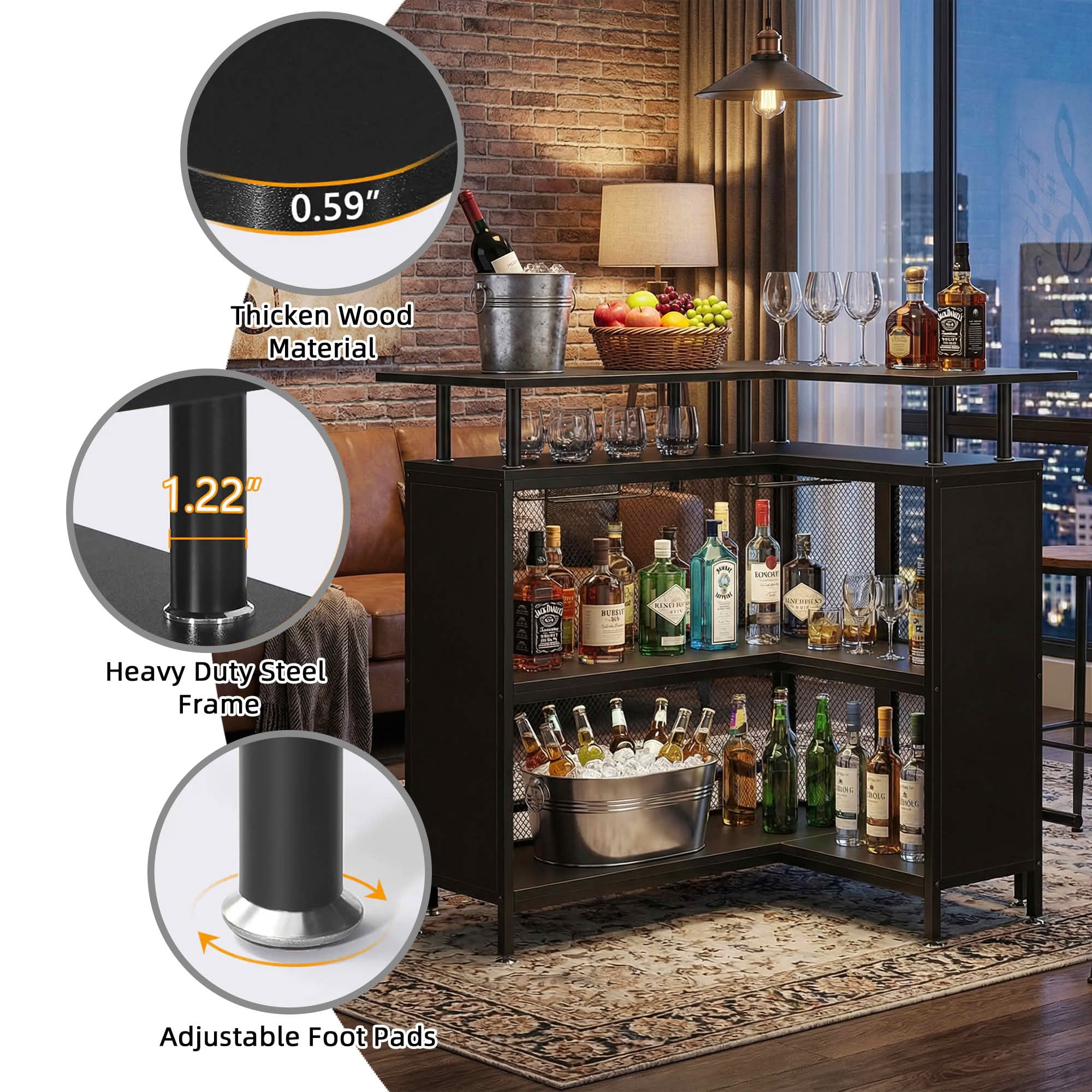 MAYEERTY L Shaped Home Bar Unit, Corner Liquor Bar Table with Glasses Holders and Storage Shelves for Home Entertaining