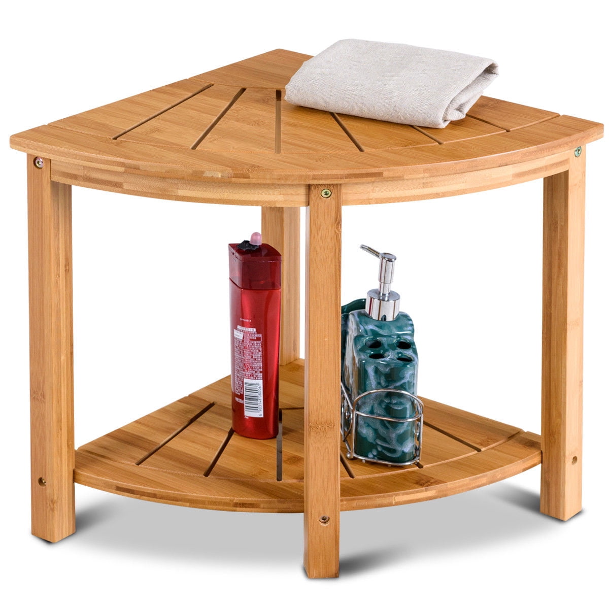 Gymax Shower Beach Bamboo Spa Seat Stool Bathroom Organizer w Storage Shelf by Gymax