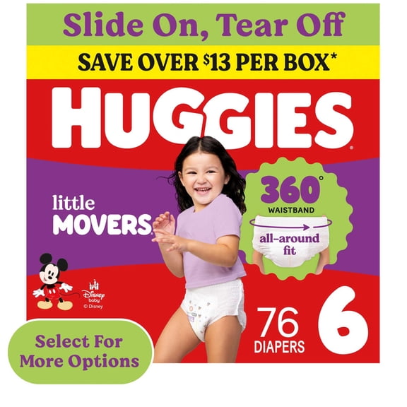 Huggies Little Movers HuggFit 360° Baby Diapers with 360° Waistband, Size 6 (35 lbs), 76 Count (Select for More)