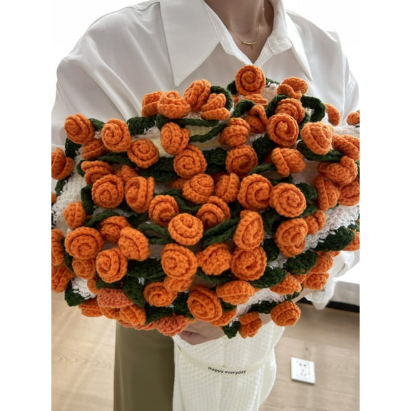80CM Round Floral Throw Blanket, Soft and Lightweight Rose Flower Bouquet Knitted Throw Blankets, Handmade Crochet Flower Bouquet Blanket for Mother's Day, Bed, Sofa or Home Decor (Orange)